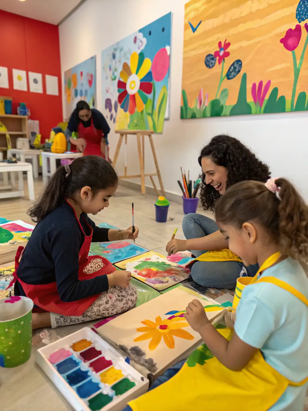 A group of children participating in an arts and crafts workshop, smiling and engaged, with colorful materials spread across the table, showcasing the Foyer Rural's commitment to creative expression and youth development.