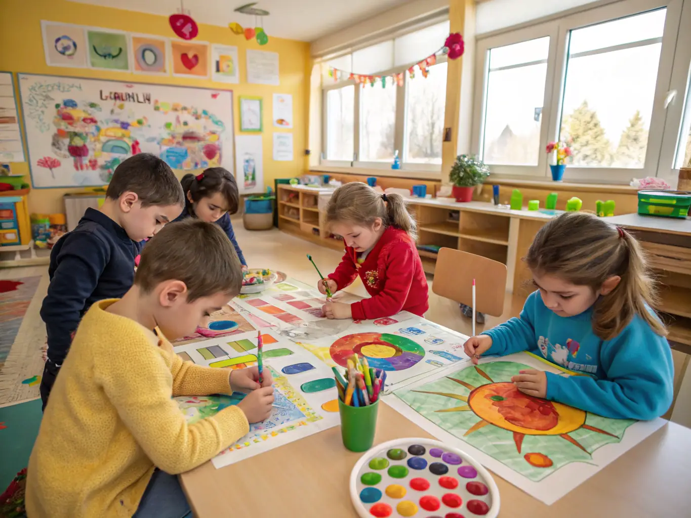 A vibrant photograph capturing a group of children participating in an after-school art program, with colorful drawings and happy expressions, showcasing the creative and educational activities offered by FOYER RURAL.