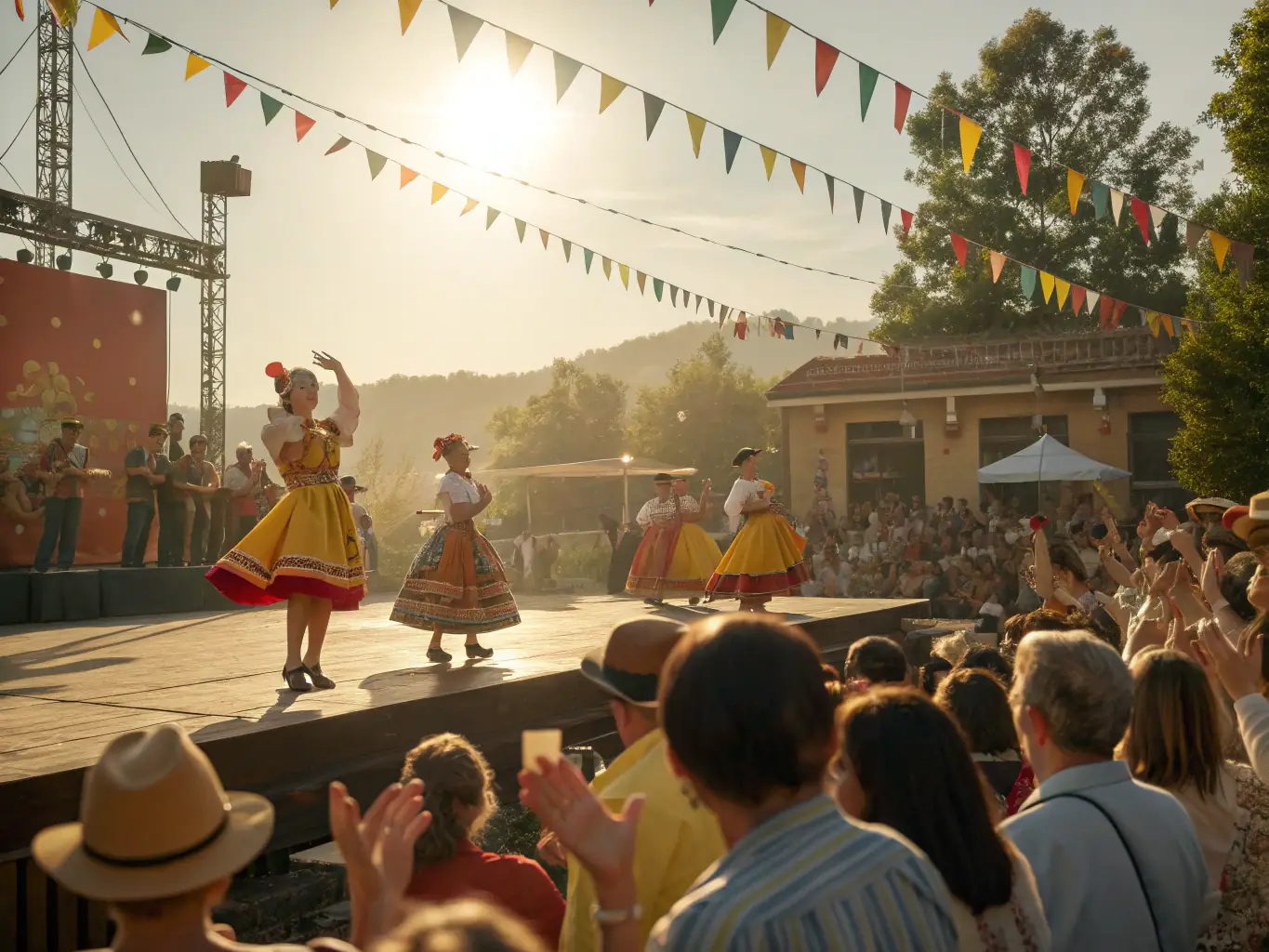 A heartwarming scene from a cultural festival, featuring traditional music, dance, and food, highlighting the cultural richness and community engagement fostered by FOYER RURAL's events.