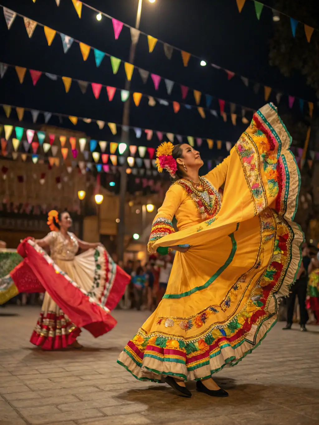 A scene from a cultural festival organized by the Foyer Rural, featuring traditional music, dance, and food, with community members of all ages participating and enjoying the festivities, highlighting the organization's role in preserving local culture.