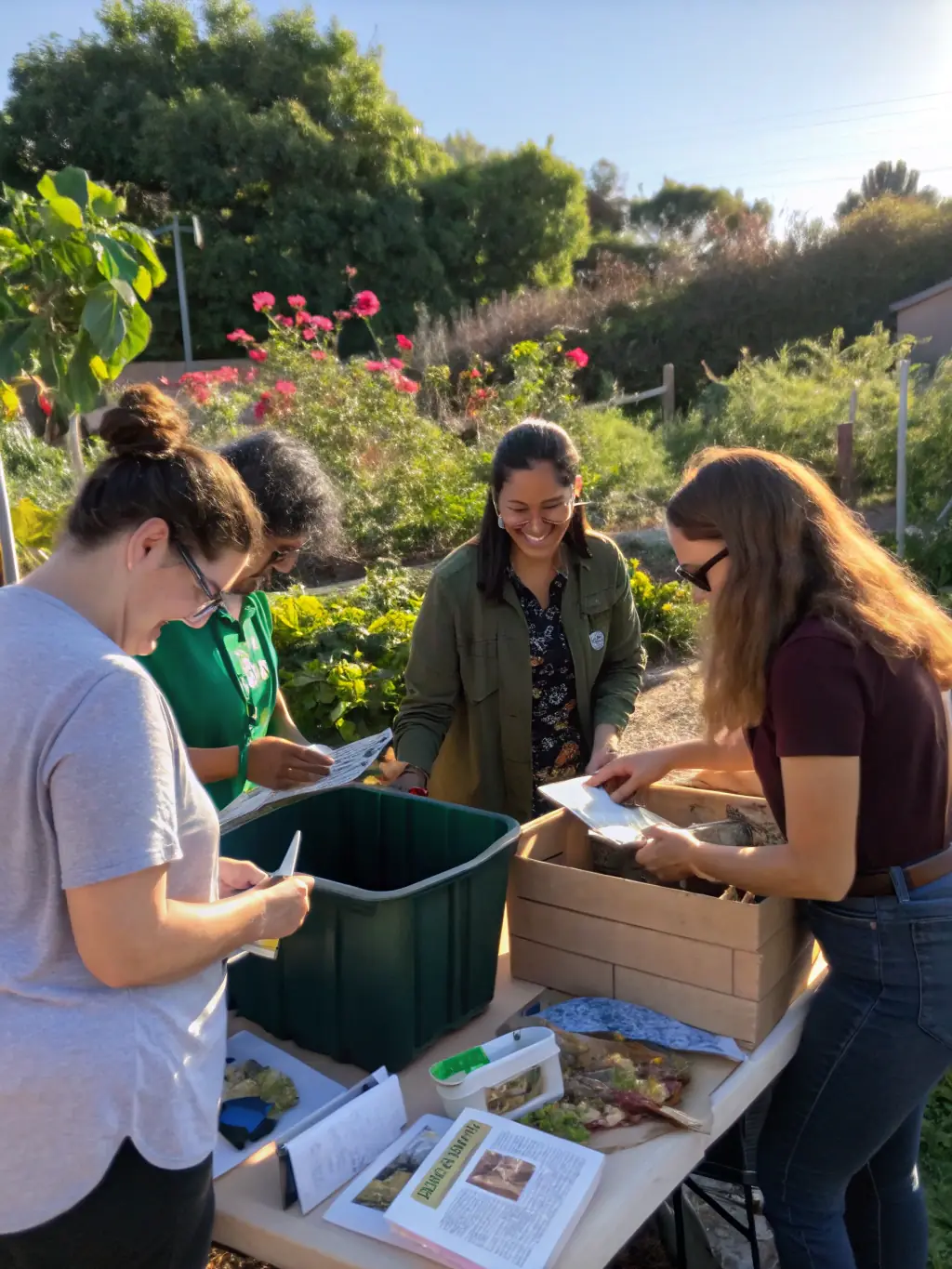 A group of adults attending an educational workshop on sustainable living practices, learning about gardening, composting, and energy conservation, reflecting the Foyer Rural's commitment to environmental education and community resilience.